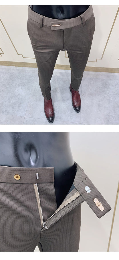 Calça Social Listrada Masculina Slim Fit com Tornozelo Justo Calça Social Masculina para Escritório e Festa Calça Social Masculina para Negócios Slim Fit