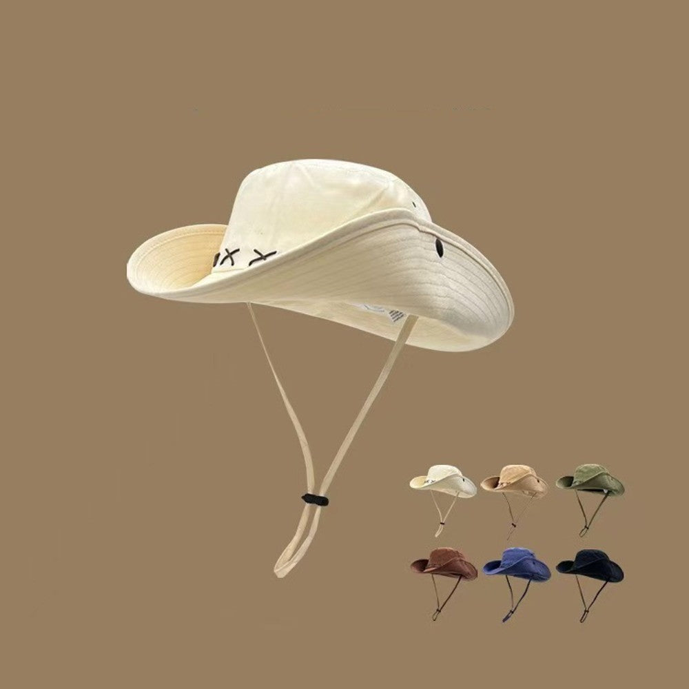 Breathable Western Cowboy Hat Adjustable Retro Wide Brim Sun Hat Mountaineering Anti UV Fisherman Sunshade Cap Unisex