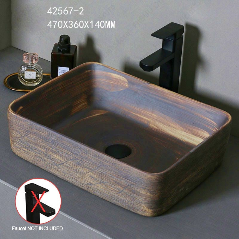 Cuba de Cerâmica Marrom para Lavatório de Banheiro Oval Artística para Mesa de Banheiro, Bacia de Lavar Roupa para Varanda, Bacia de Pedestal Acima do Balcão