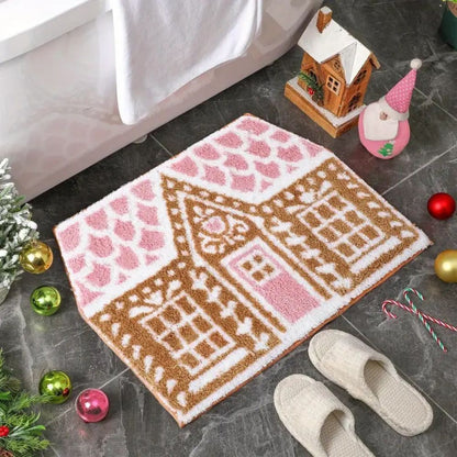 VIKAMA Christmas Gingerbread House Wool-like Carpet Water-Resistant Soft Bath Mat Bedside Rug for Bedroom Winter Home Decoration