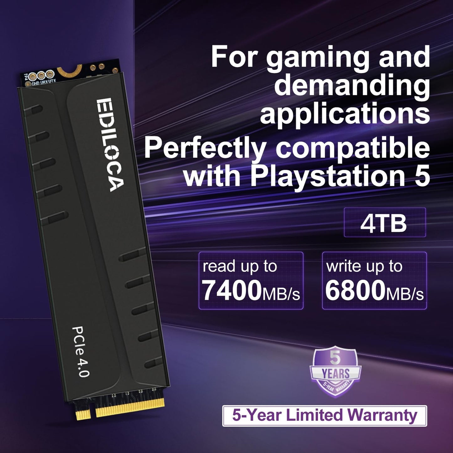 SSD Ediloca EN855 com dissipador de calor 7400MB/s PCIe Gen4.0 NVMe M.2 SSD de jogos Interno para PS5 e PC