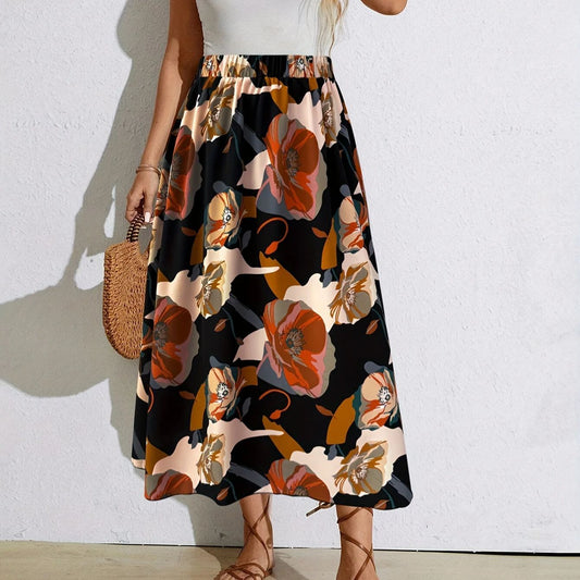 2025 Plus Size Fashion Selection! Black Floral - Print Elastic - Waist Midi Skirt (Plus Size). The Colorful Floral Patterns Are