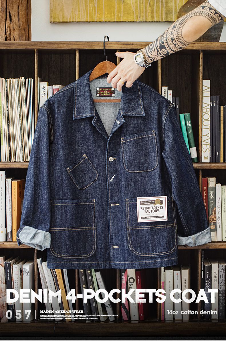 Maden Vintage Asymmetrical Four-pocket Design Denim Coat for Men 14OZ Single-breasted Turn-down Collar Jacket Autumn Work Coat