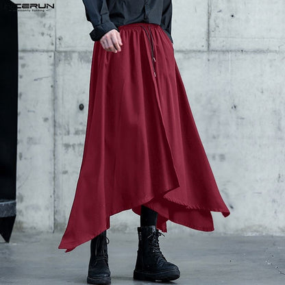 INCERUN Men Irregular Pants Solid Color Drawstring Loose Casual Wide Leg Trousers Men Streetwear 2025 Fashion Male Skirts Pants
