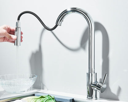 Torneira Misturadora de Cozinha Monocomando Quente e Frio com Bico Extensível e Duas Funções, Montada na Bancada