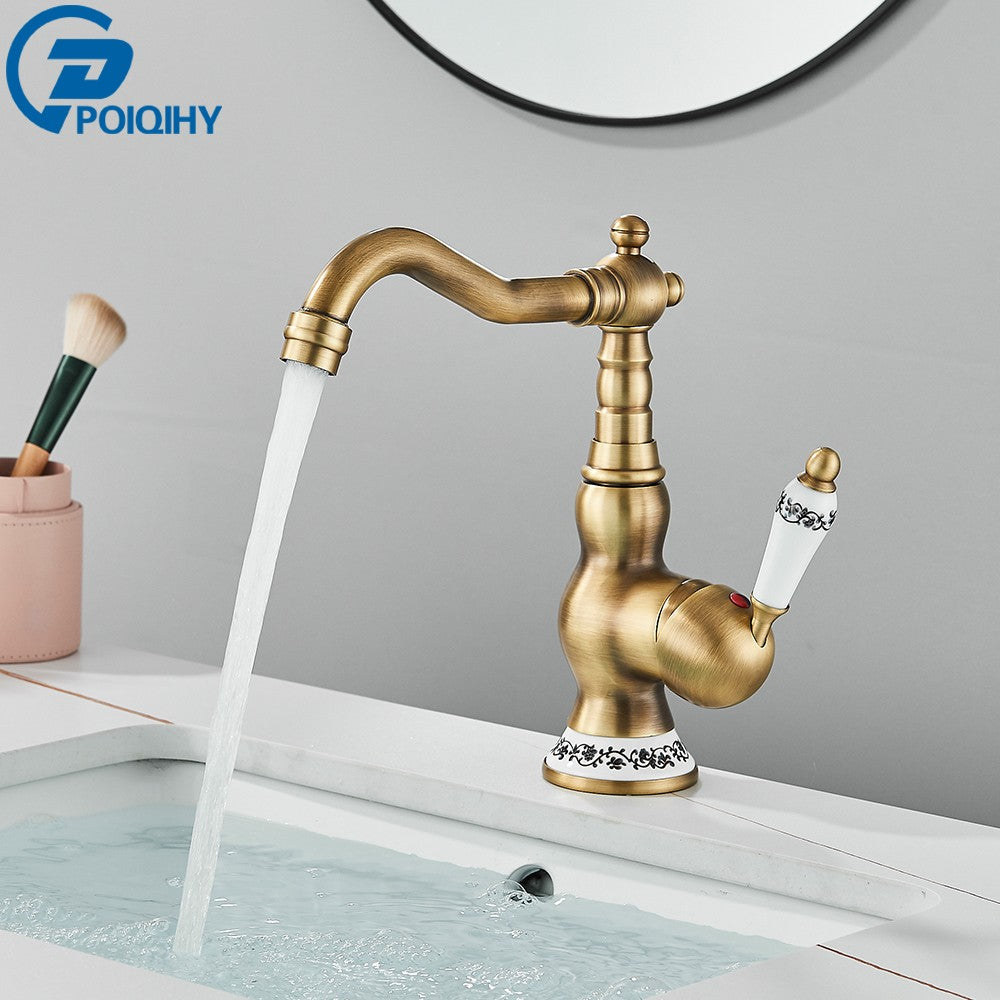 Antique Brass Bathroom Faucet Rotating Spout Basin Sink Mixer Tap Bathroom Kitchen Washing Faucet Washbasin Taps Kitchen Mixers