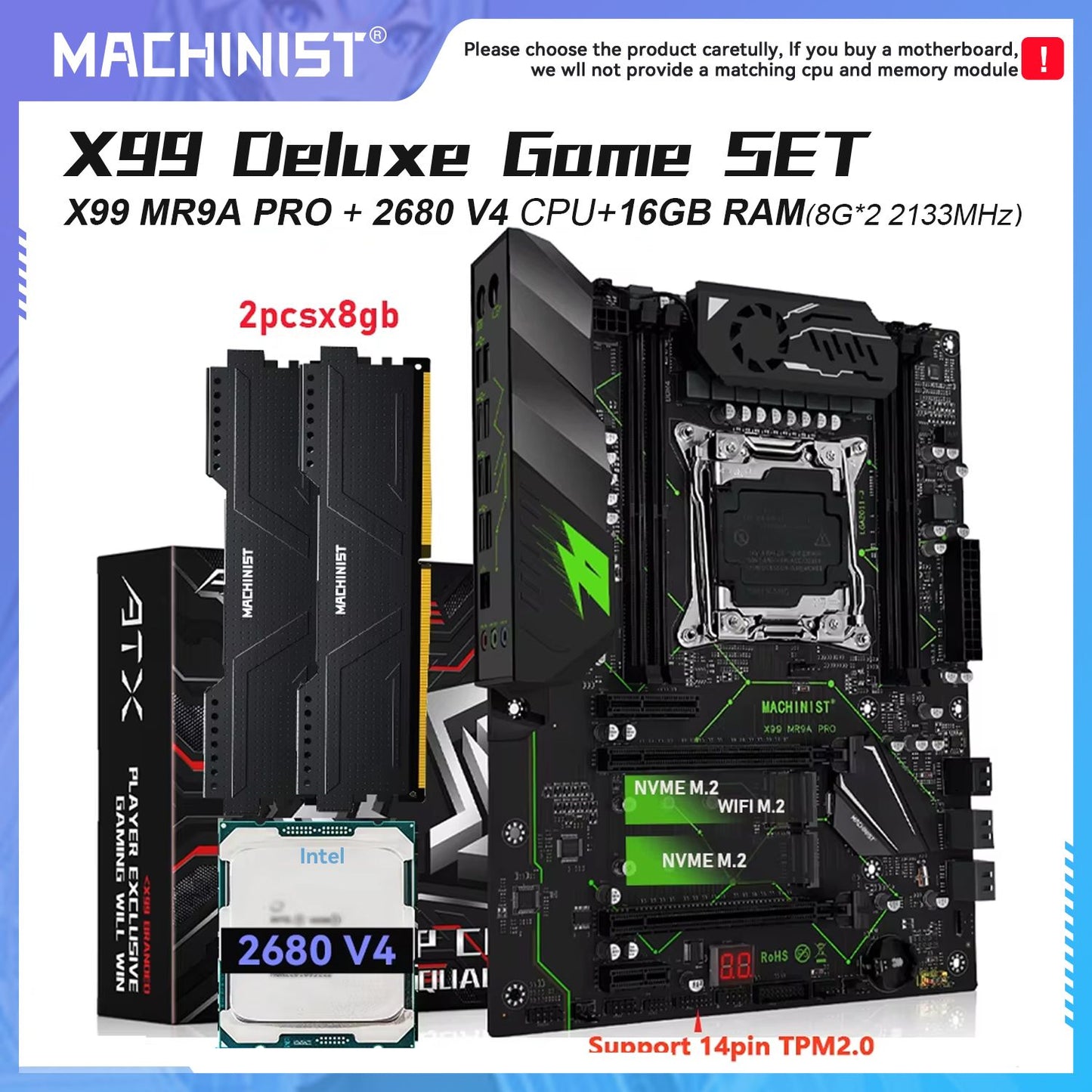 Kit de placa-mãe MACHINIST X99 MR9A PRO LGA 2011-3 Processador Xeon E5 2680 V4 Memória RAM DDR4 2x8GB 2133MHZ Nvme M.2 ATX