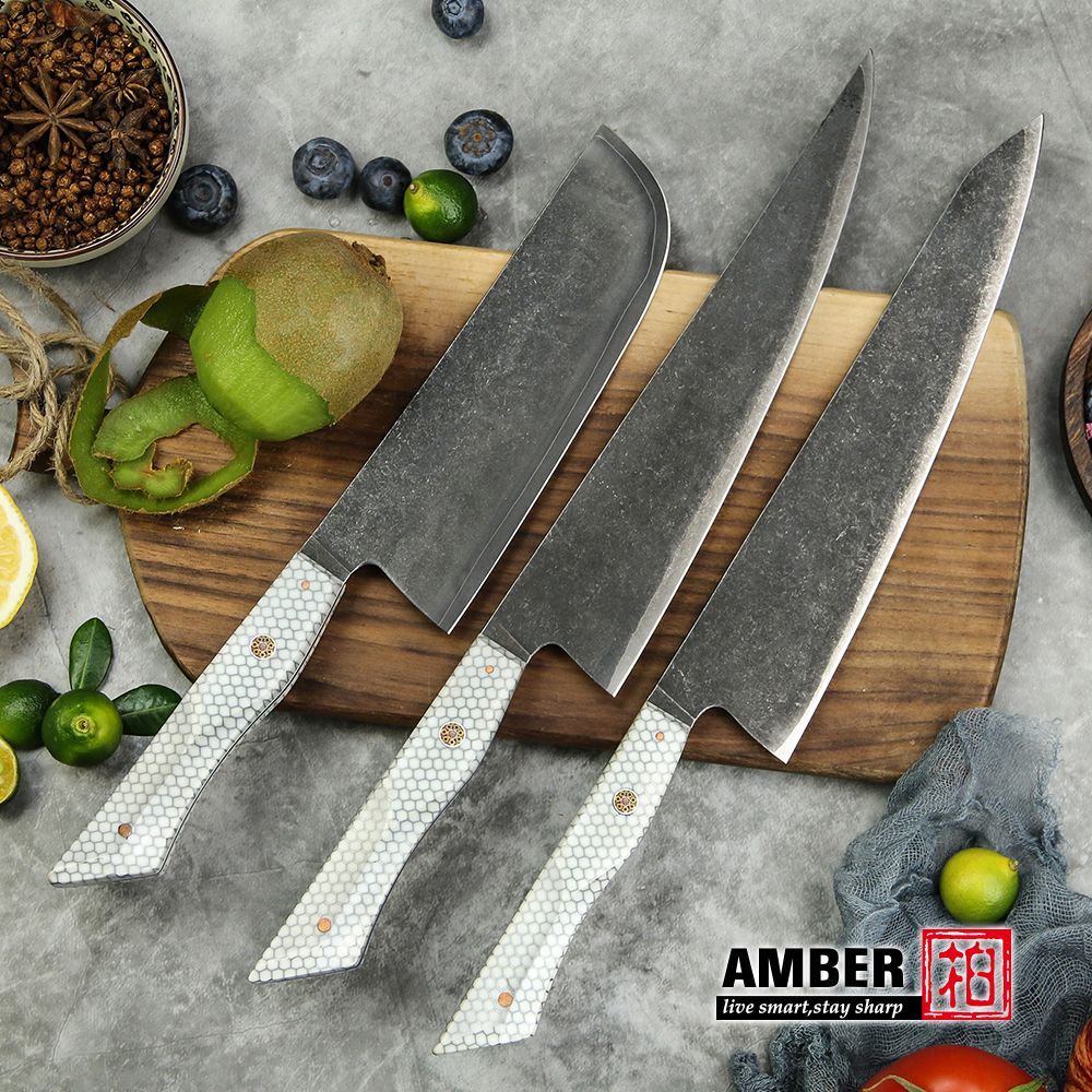 Conjunto de 3 facas de cozinha japonesas afiadas Damascus para Chef e Nakiri, lâmina de aço revestida de 3 camadas com cabo de resina e espaçador G10