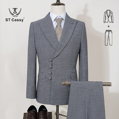 ST Cassy Elegant man suit for wedding Slim Fit Double Breasted Multiple buttons Casual Business man 2 piece outfit set