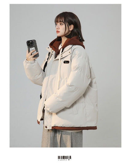 Korean Version New Fashion Letter Patch Fake Two Piece Cotton-padded Jacket Y2K Harajuku Vintage Thick Bread Loose Student Coats