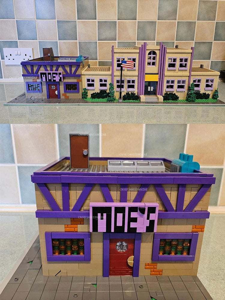 MOC Simpsonized Modular Taberna do Moe Blocos de Construção Casa da Cidade Escola Primária de Springfield Arquitetura Skyline Tijolos Brinquedos