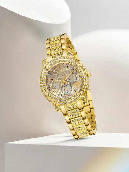 Luxurious ladies' quartz watch and jewelry set with intricate engravings, a birthday gift, and an elegant outfit for a party.