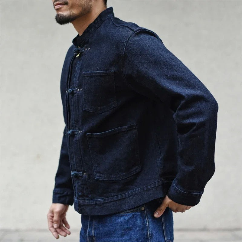 Sauce Zhan Mens Jacket Indigo Selvedge Denim Jacket Jean Jacket Men Vintage Chinese Style Knot Button Loose Fit
