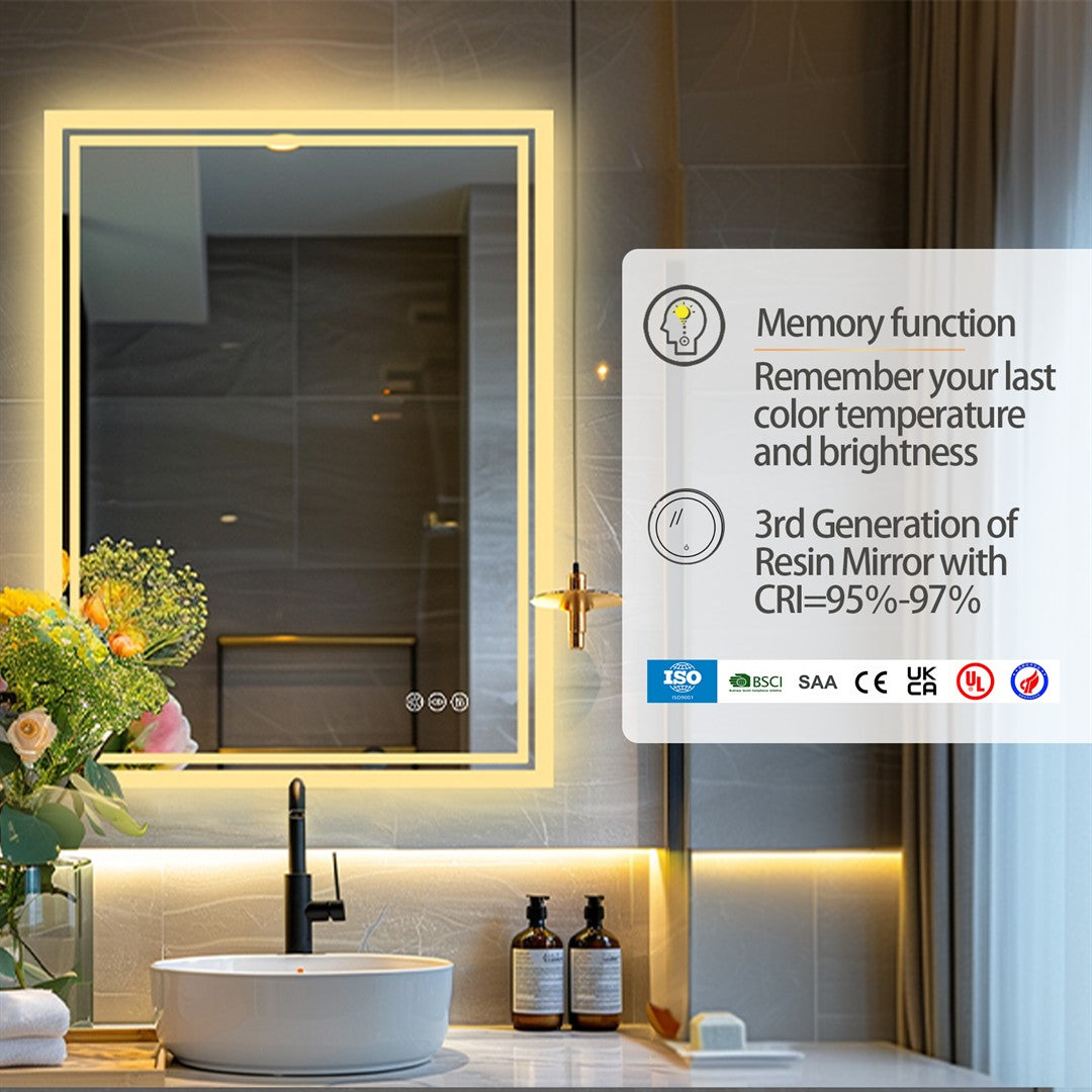 LUVODI 28x36 inch Illuminate Bathroom Mirror with Light Backlit Dimmable Defog Wall-mounted Bath Mirror