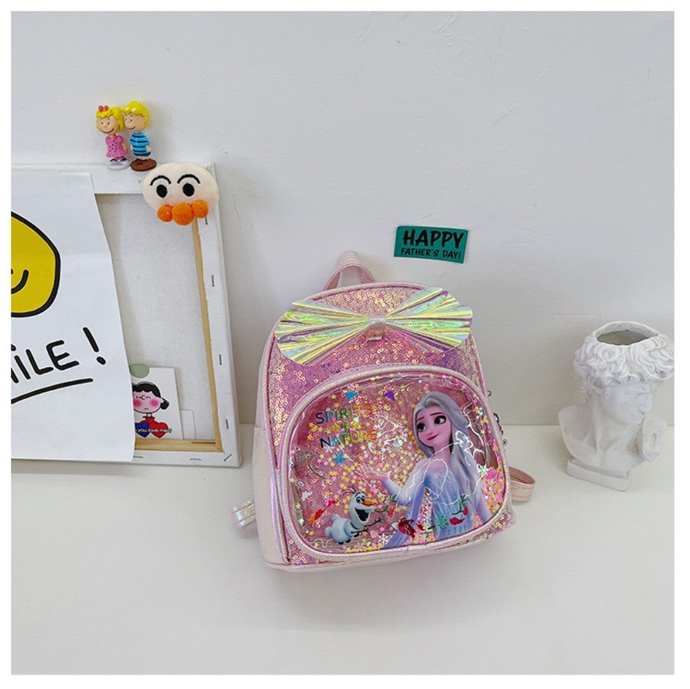 Mochila Mini de Glitter Princesa Elsa de Frozen da Disney, Linda com Laço de Lantejoulas, Bolsa Escolar de Jardim de Infância para Meninas, Desenho Animado Infantil, Mochila de Ombro Duplo