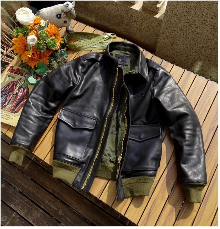 YR!Sales.Classic A-2 Horsehide Coat.Vintage Style Us Air Force genuine leather jacket.A2 Bomber Leather Cloth