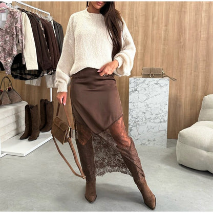 Women Elegant Patchwork Lace Skirts Fashion High Waist Slim Hollow Out Maxi Skirts 2025 Autumn Lady Brown Party Club Skirt