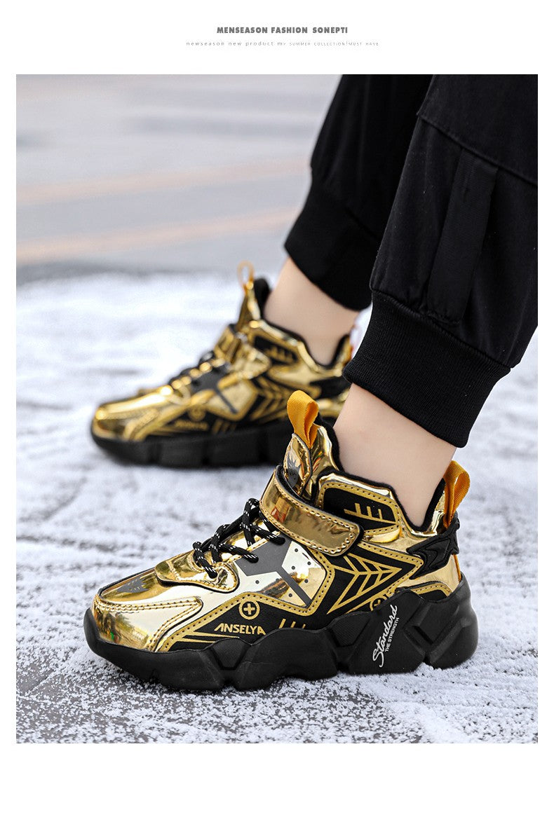 Winter Children's Fashion Sports Shoes Leather Boys' Running Sneakers Flat Casual Walking Shoes Warm Lightweight Outdoor Boots