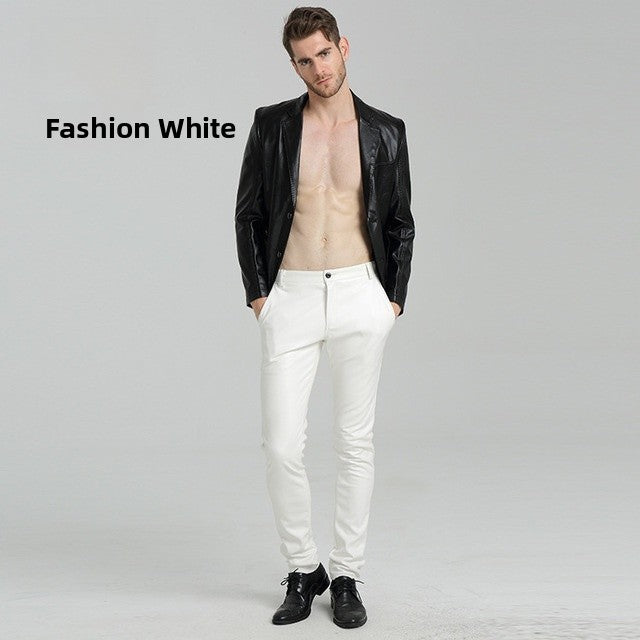 Men's Slim Fit Leather Pants Motorcycle Trendy Sle Long Trousers Thiened PU Fabric Summer Season Faionable Biker Pants