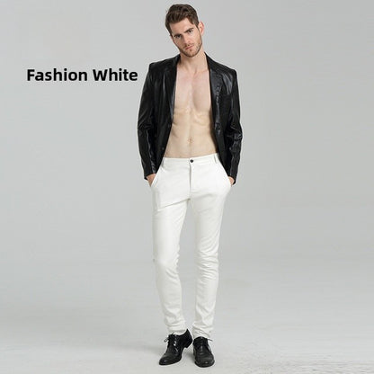 Men's Slim Fit Leather Pants Motorcycle Trendy Sle Long Trousers Thiened PU Fabric Summer Season Faionable Biker Pants