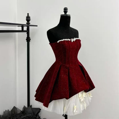 Christmas Red Strapless Sexy Party Dresses Elegant Winter New Year Elegant Bubble Velvet Mini Dress Sweet Princess Clothing 2025
