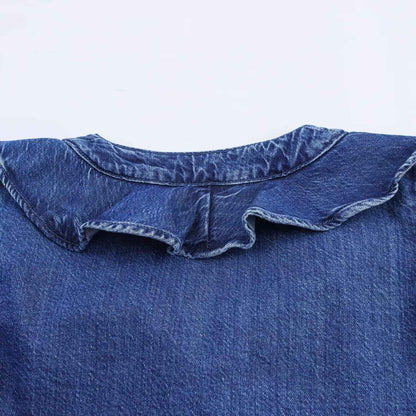 European style new women's fashion all-match temperament lotus leaf lace V-neck long-sleeved denim shirt