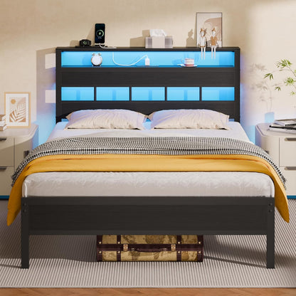 Sleek Full Size Bed Frame with Glowing LED Lights & USB Charging Station | Modern Storage Headboard
