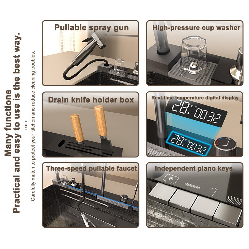 Stainless Steel Waterfall Kitchen Sink New Embossed Extra Large Single Slot Modern Digital Display Dishwashing Basin