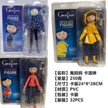 Neca Anime Coraline Doll Articulated Anime Figure Raincoat Sweater In Striped Shirt Toy La Girl Decoration Model Bithday Gifts
