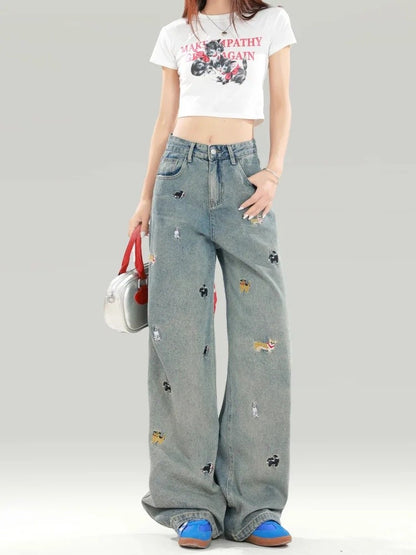 Plus Size Women's Black Dog Embroidery Loose Wide Leg Jeans High Waist Straight Cut Slimming Denim Pants Spring Autumn