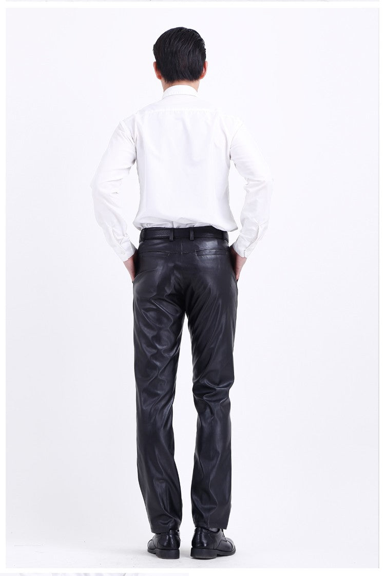 Men's Leather Pants Straight Fit Elastic PU Leather Trousers Motorcycle Pants Thin