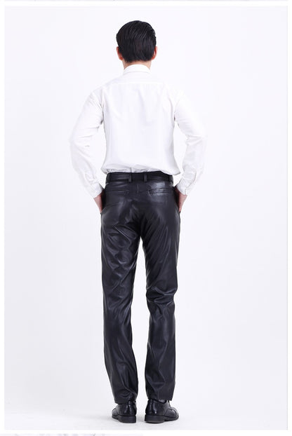 Men's Leather Pants Straight Fit Elastic PU Leather Trousers Motorcycle Pants Thin
