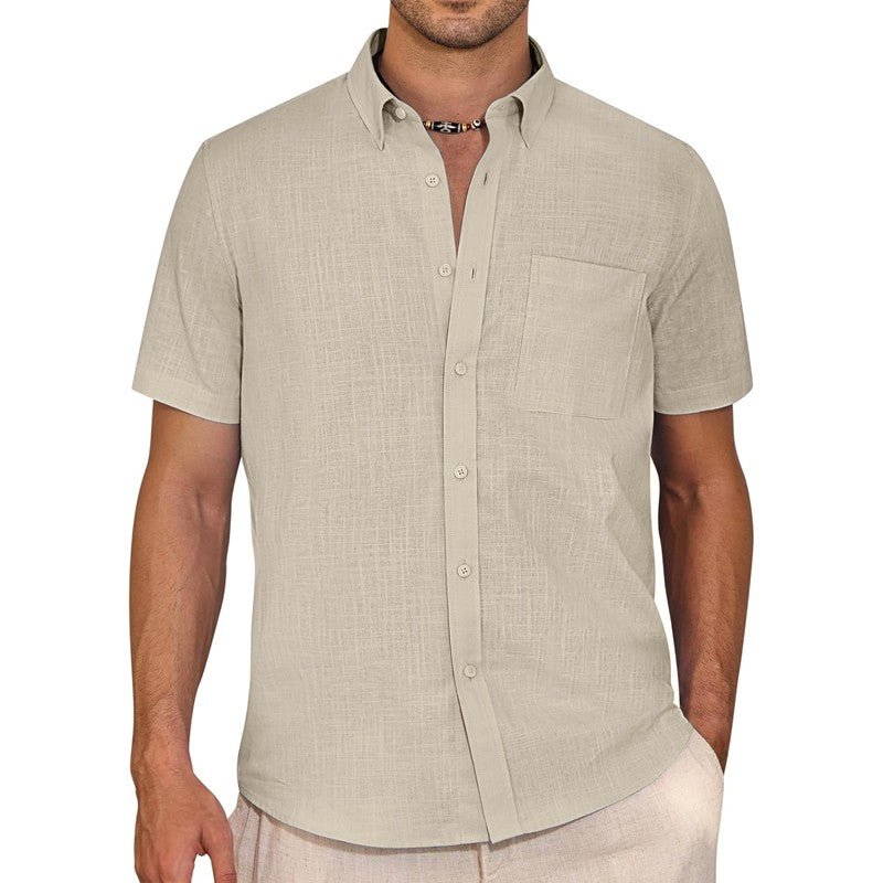 Men's Short Sleeve Cotton T Shirt Summer Casual Shirts Beach Regular Tshirts Outdoor Button-Down Basic Streetwear with Pocket