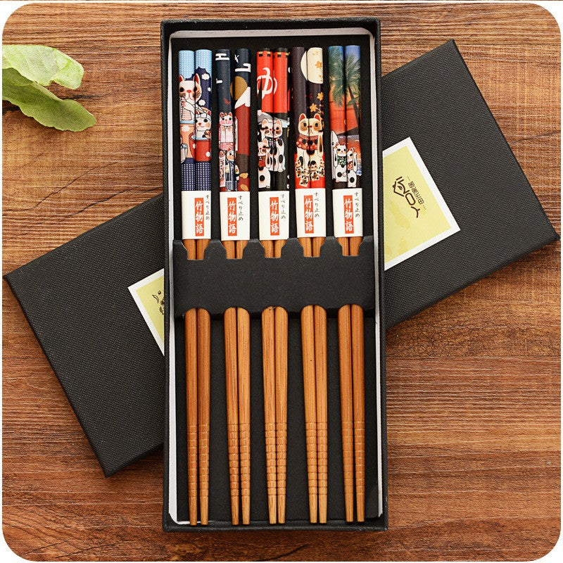 5 Pair Set Bamboo Chopsticks Tableware Non-Slip Japanese Natural Wood Sushi Food Multi Color Household Long Chopsticks Set