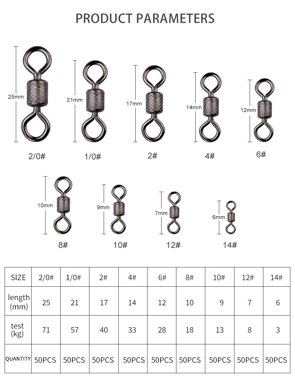 Meredith 50PCS/Lote Giradores de Pesca Rolamento de Esferas Giratório com Fecho de Segurança Anéis Sólidos Giratório para Acessórios de Pesca de Carpa
