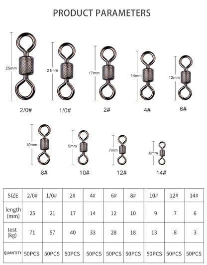 Meredith 50PCS/Lote Giradores de Pesca Rolamento de Esferas Giratório com Fecho de Segurança Anéis Sólidos Giratório para Acessórios de Pesca de Carpa