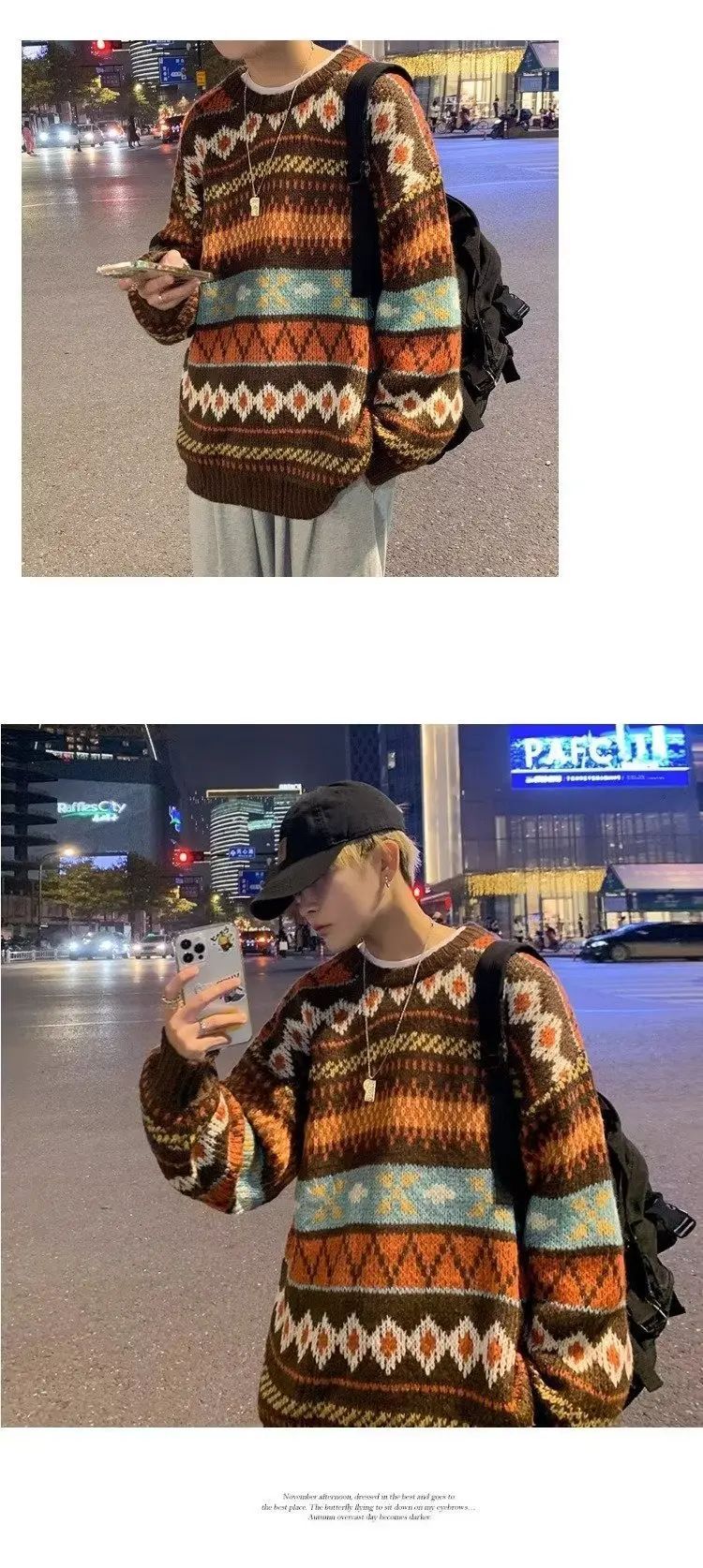 Japanese Vintage Sweater Men's Trendy Ethnic Striped Loose-Fit Knitted Top Casual Crew Neck Idle Style Couple Model Sweater