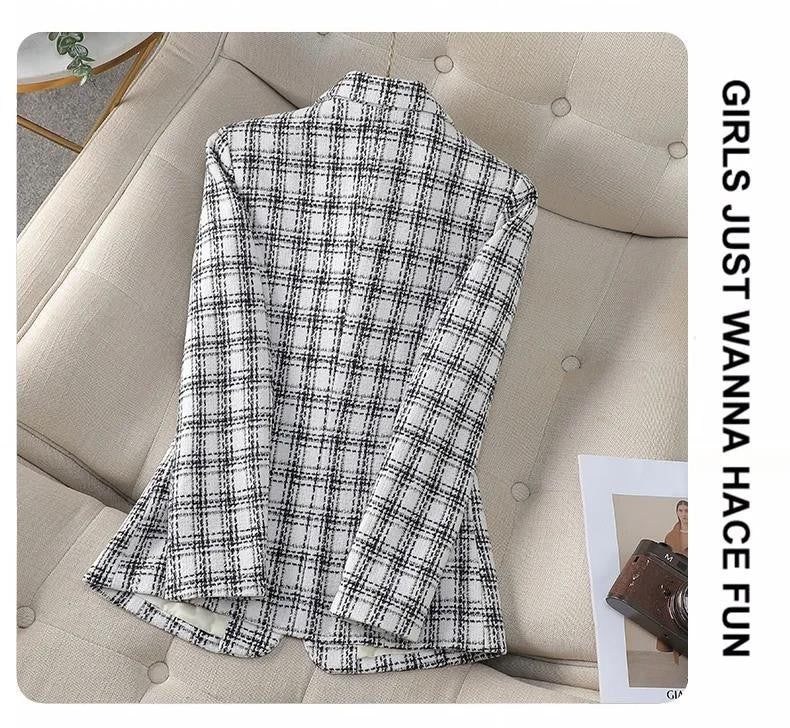 Woolen Plaid Small Suit Jacket for Women in Spring and Autumn 2025 New Short Style Korean Version Plus Size Retro Women's Suit