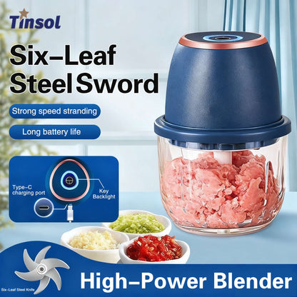 Mini Processador de Alimentos Elétrico TINSOL 350ML, Picador de Carne, Amassador de Alho, USB, Multifuncional, Fatiador de Vegetais, Liquidificador, Misturador de Cozinha