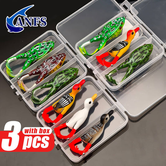 ANFS 3 iscas de pesca premium em formato de sapo-pato com caixa de armazenamento - Isca macia para pesca em água doce na superfície