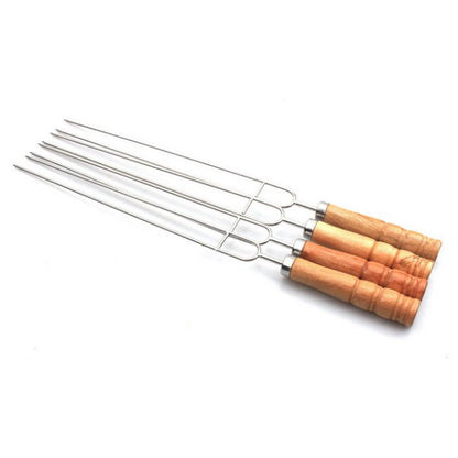 6pcs Barbecue Grill Fork Stainless Steel U-Shaped BBQ Skewer With Anti-scald Wooden Handle Metal Fork Set for Outdoor BBQ Grill