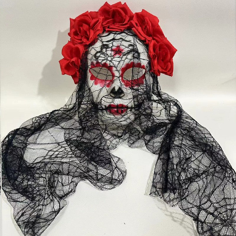Gothic Bride Skull Mask, Black Veil & Rose Decorated Full Face Mask for Halloween, Cosplay and Party