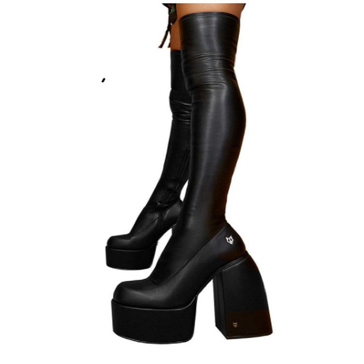 Comemore Women Punk Style Autumn Winter Chunky Platform High Boot Party Shoes Ladies Black Thick Heels Elastic Knee High Boots