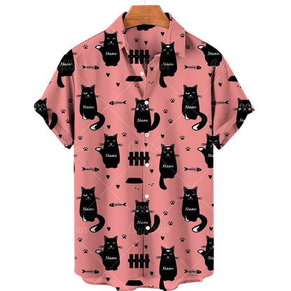 2024 Cat Pattern Hot Sale 3D Printed Hawaiian Shirt Men's Vacation Beach Short Sleeve Fashion Large Size Affordable Good Top