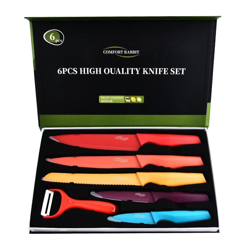 Kitchen knife set, stainless steel non-stick knife, black-edged marble rose gold six-piece set, 2025 explosion