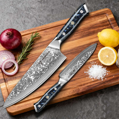 SANMUZUO Conjunto de Facas de Cozinha 2 Peças - Série Xuan Faca de Chef e Faca Utilitária de Aço Damasco Ultra Afiadas - Cabo de Resina para Culinária Diária