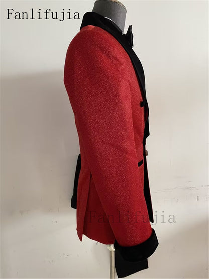 Fanlifujia Luxury Red Glitter Suits Men Groom Wedding Tuxedo Double Breasted Blazer Formal Evening Party Prom Dress 2 Pieces Set