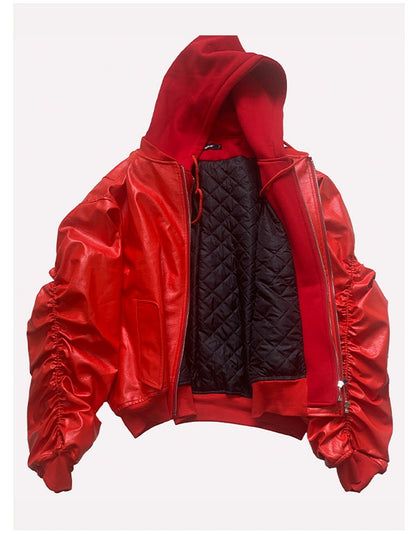 Mauroicardi Autumn Winter Oversized Cool Black Thickened Warm Pu Leather Bomber Jacket Men Hood Luxury Designer Fake 2 Clothes