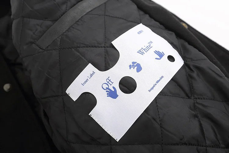 2023 Autumn/winter New Ow Skull Embroidery Woolen Jacket Cloth Patchwork Leather Sleeve Heavy Duty Embroidery Casual Style Fit