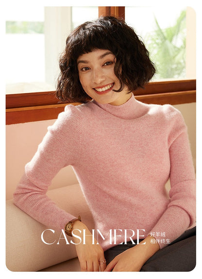 Autumn and winter new women's 100% pure cashmere semi high neck pullover sweater knitted slim fit hot selling women's top